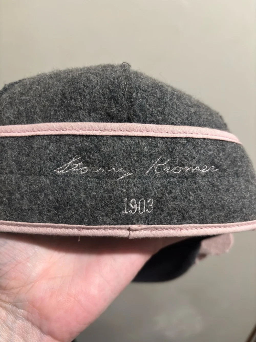 Stormy Kromer Vintage Wool Paper Boy Hat Cap with Pink Floral Appliqué Accent
